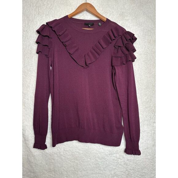 TED BAKER Yowsie Ruffle- Trimmed Sweater‎ Womens Sz 3 Preppy Officecore Business - Picture 1 of 10